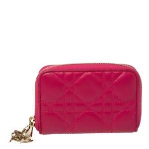مملوكة مسبقًا Dior Fuchsia Cannage Leather Compact Zip Around Wallet