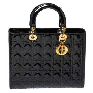 مملوكة مسبقًا Dior Black Cannage Quilted Patent Leather Large Lady Dior Tote