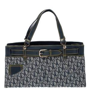 Pre Owned Dior Navy Blue Oblique Denim and Leather Vintage Buckle Tote