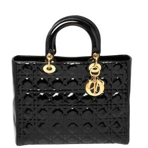 Pre Owned حقيبة يد ديور ليدي ديور كبيرة جلد لامع مبطنة كاناج سوداء 