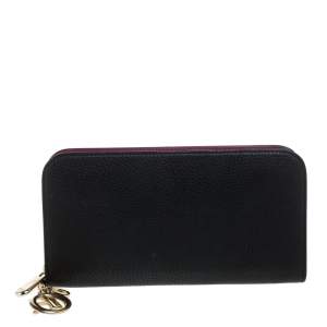 Pre Owned Dior Black Leather Diorissimo Voyageur  Zip Around Wallet