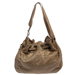 Dior Beige Cannage Nylon and Leather Drawstring Shoulder Bag