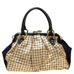 Marc Jacobs Black/Gold Houndstooth Print Leather and Calfhair Stam Embellished Shoulder Bag