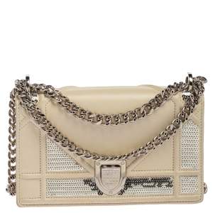 Pre Owned Dior Off White Leather and Sequin Mini Diorama Shoulder Bag