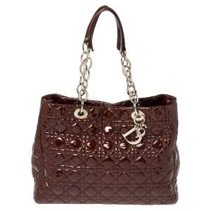 Pre Owned Dior Burgundy Cannage Patent Leather Large Shopping Tote