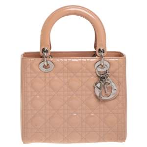 Pre Owned Dior Beige Cannage Patent Leather Medium Lady Dior Tote