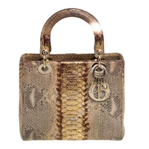 Pre Owned Dior Beige/Gold Python Medium Lady Dior Tote