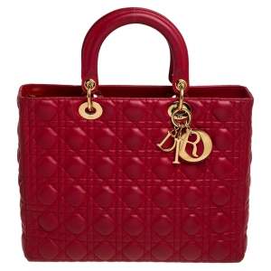 مملوكة مسبقًا حقيبة يد ديور ليدي ديور كبيرة جلد كاناج أحمر
