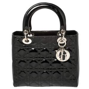 Pre Owned Dior Black Patent Leather Medium Lady Dior Tote
