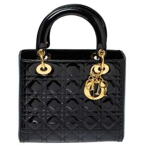Pre Owned Dior Black Cannage Patent Leather Medium Lady Dior Tote