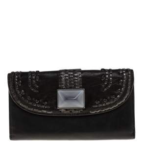 Pre Owned Dior Black Leather Crystal Detail Continental Wallet