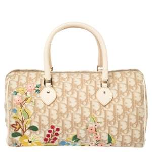 مملوكة مسبقًا Dior Beige Oblique Coated Canvas and Leather Floral Embroidered Boston Bag