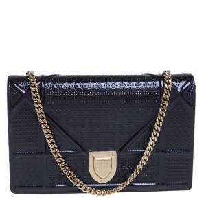 Pre Owned Dior Violet Micro Cannage Patent Leather Diorama Wallet on Chain