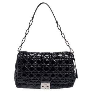 Dior Black Cannage Patent Leather Large New Lock Flap Shoulder Bag