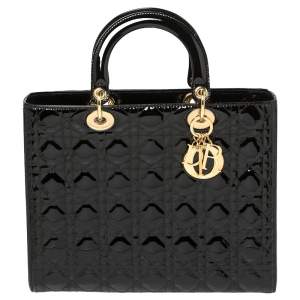 Pre Owned Dior Black Cannage Patent Leather Large Lady Dior Tote