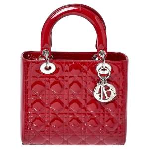 Pre Owned Dior Red Cannage Patent Leather Medium Lady Dior Tote