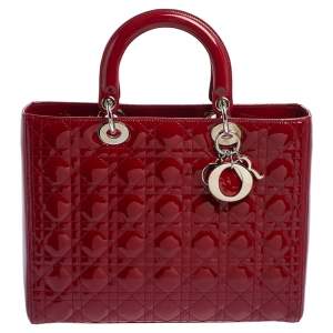 Pre Owned Dior Red Cannage Patent Leather Large Lady Dior Tote