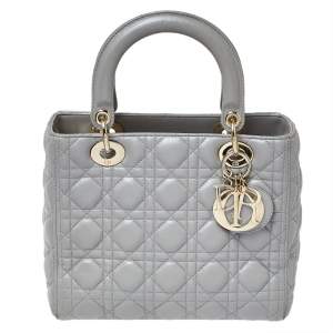 Pre Owned Dior Grey Cannage Leather Medium Lady Dior Tote