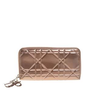مملوكة مسبقًا Dior Metallic Bronze Cannage Leather Zip Around Continental Wallet