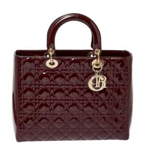 Dior Burgundy Cannage Patent Leather Large Lady Dior Tote