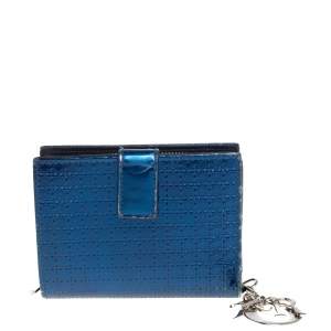 Dior Metallic Blue Micro Cannage Leather Lady Dior Compact Wallet