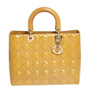 مملوكة مسبقًا Dior Mustard Yellow Cannage Patent Leather Large Lady Dior Tote
