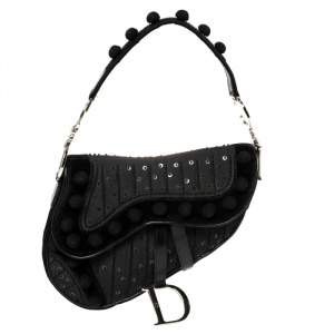 Pre Owned Dior Black Velvet/Nylon and Leather Vintage Pom Pom Embellished Saddle Bag