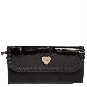 Dior Black Croc Embossed Patent Leather and Canvas Continental Wallet