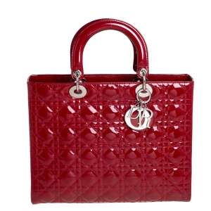 مملوكة مسبقًا Dior Dark Red Cannage Patent Leather Large Lady Dior Tote