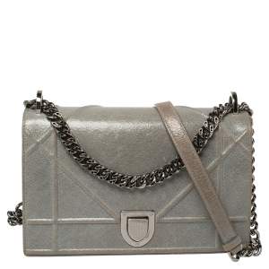 Dior Grey Crackled Patent Leather Medium Diorama Shoulder Bag