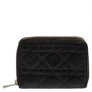 Dior Black Cannage Leather Compact Zip Around Wallet