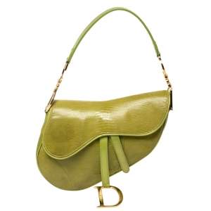 Pre Owned Dior Green Lizard Embossed Patent Leather and Suede Limited Edition Saddle Bag