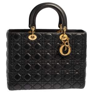 Pre Owned Dior Black Cannage Leather Large Lady Dior Tote