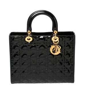 مملوكة مسبقًا Dior Black Cannage Patent Leather Large Lady Dior Tote