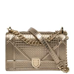 Pre Owned Dior Metallic Gold Micro Cannage Patent Leather Small Diorama Shoulder Bag