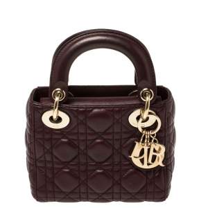 Pre Owned Dior Burgundy Cannage Leather Mini Chain Lady Dior Tote