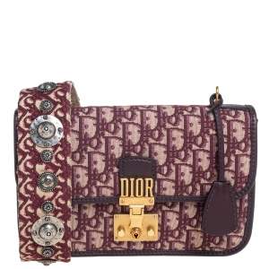 Pre Owned Dior Burgundy Oblique Canvas and Leather Dioraddict Flap Chain Bag