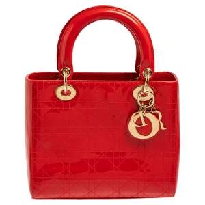 Pre Owned Dior Red Cannage Patent Leather Medium Lady Dior Tote