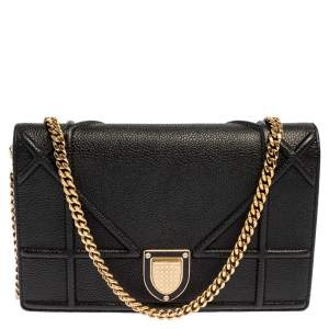 Pre Owned Dior Black Leather Diorama Wallet on Chain