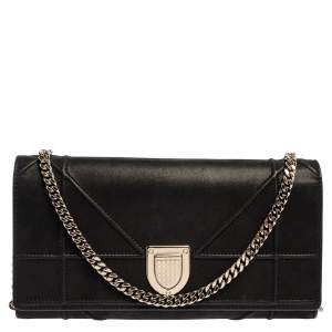 Pre Owned Dior Black Shimmering Leather Diorama Wallet on Chain