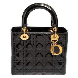 Pre Owned Dior Black Cannage Quilted Patent Leather Medium Lady Dior Tote