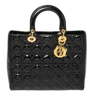 مملوكة مسبقًا Dior Black Cannage Patent Leather Large Lady Dior Tote