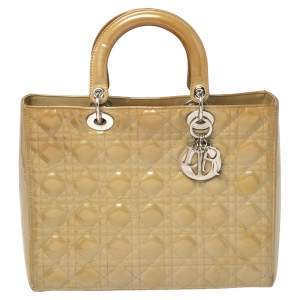 Dior Beige Cannage Patent Leather Large Lady Dior Tote