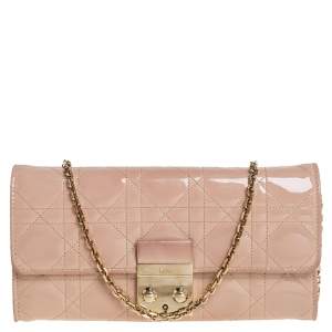 Pre Owned Dior Beige Patent Cannage Leather Miss Dior Wallet On Chain