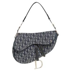 Pre Owned Dior Blue Oblique Canvas and Leather Saddle Bag