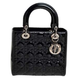 Pre Owned Dior Black Cannage Patent Leather Medium Lady Dior Tote