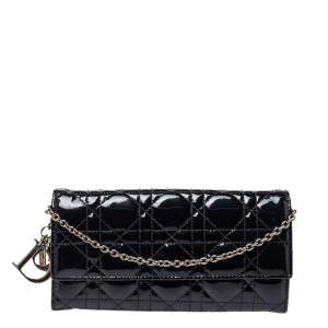 Pre Owned Dior Black Cannage Patent Leather Lady Dior Wallet on Chain
