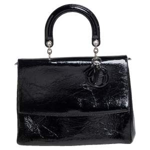 Pre Owned Dior Black Crinkled Patent Leather Be Dior Flap Top Handle Bag