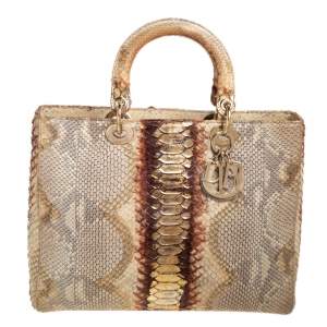 Pre Owned Dior Beige/Gold Python Large Lady Dior Tote