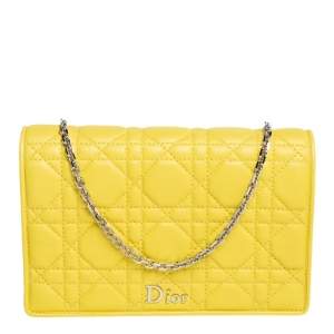 Pre Owned Dior Yellow Cannage Leather Lady Dior Wallet on Chain